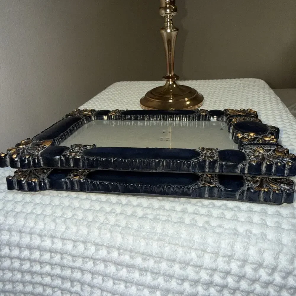 Vintage Hollywood Regency Navy Blue Gold 5x7 Picture Frames Set of 2 Ornate
